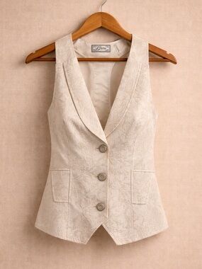 GUESS Ivory Brocade Vest Lace Jacquard Boho Bridal Corset Top